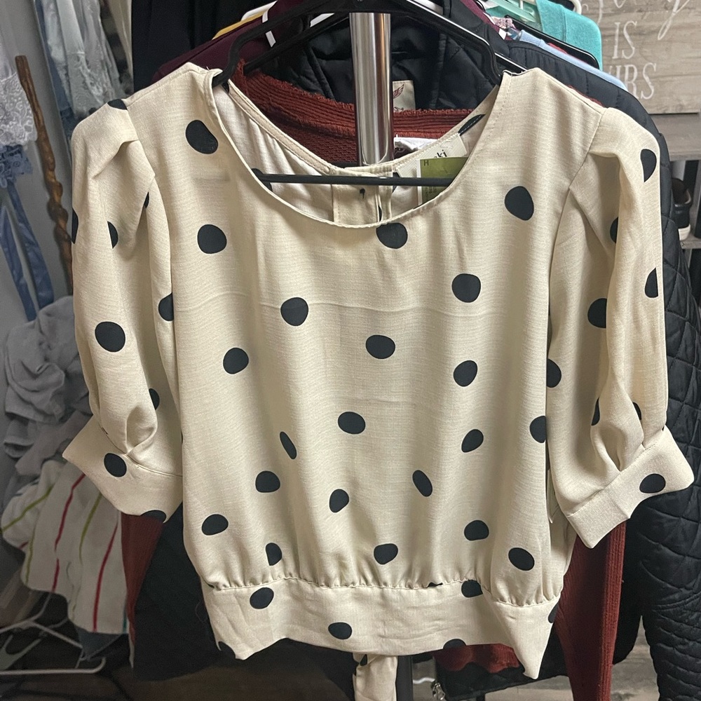 Tan and black polka dot blouse